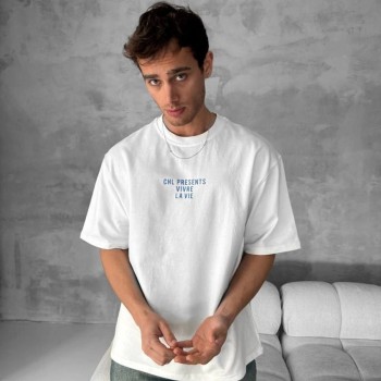 Erkek Ön ve Arka Baskılı T-Shirt Kısa Kol Bisiklet Yaka Regular Fit Tişört - Beyaz