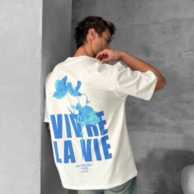 Erkek Ön ve Arka Baskılı T-Shirt Kısa Kol Bisiklet Yaka Regular Fit Tişört - Beyaz