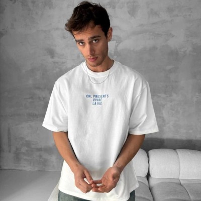 Erkek Ön ve Arka Baskılı T-Shirt Kısa Kol Bisiklet Yaka Regular Fit Tişört - Beyaz