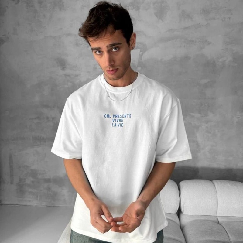 Erkek Ön ve Arka Baskılı T-Shirt Kısa Kol Bisiklet Yaka Regular Fit Tişört - Beyaz
