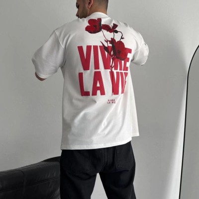 Erkek Ön ve Arka Baskılı T-Shirt Kısa Kol Bisiklet Yaka Regular Fit Tişört - Beyaz