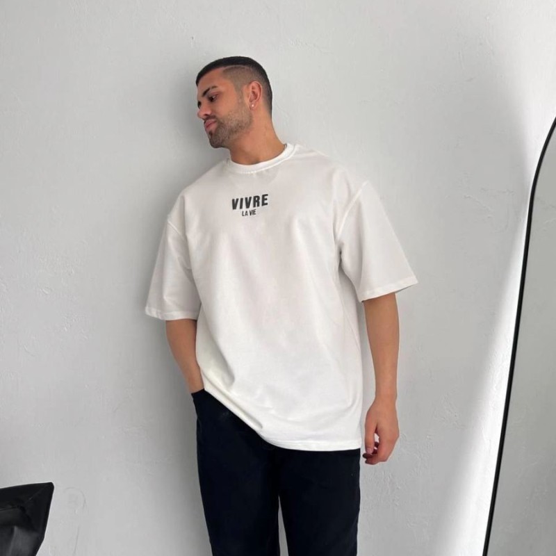Erkek Ön ve Arka Baskılı T-Shirt Kısa Kol Bisiklet Yaka Regular Fit Tişört - Beyaz