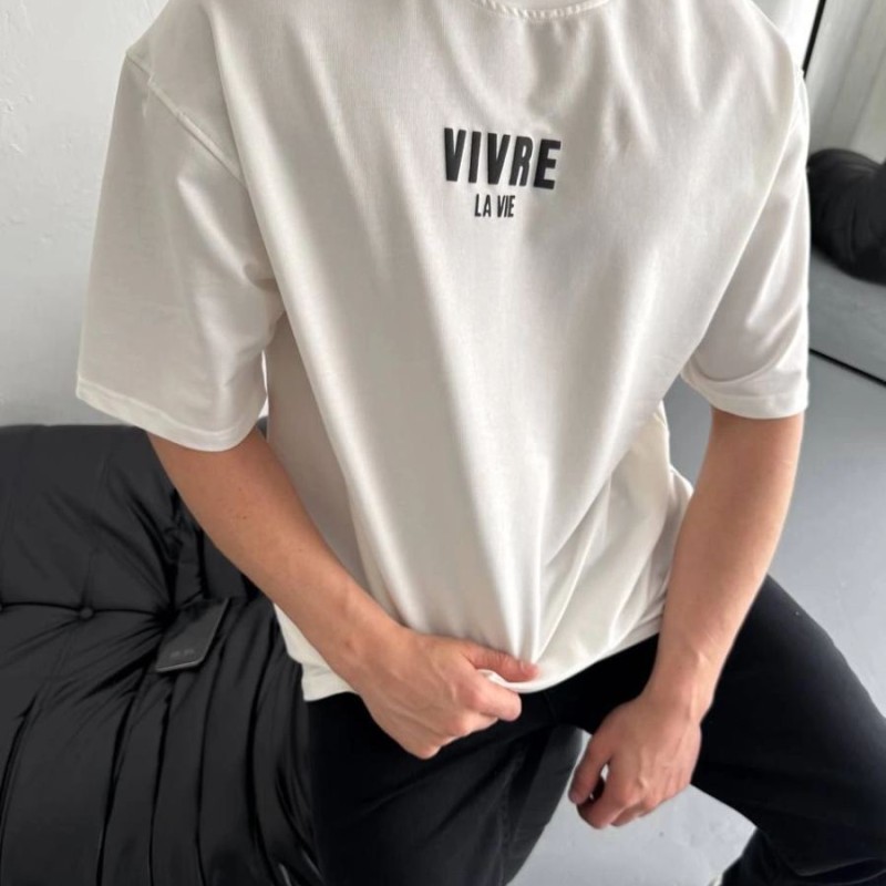 Erkek Ön ve Arka Baskılı T-Shirt Kısa Kol Bisiklet Yaka Regular Fit Tişört - Beyaz