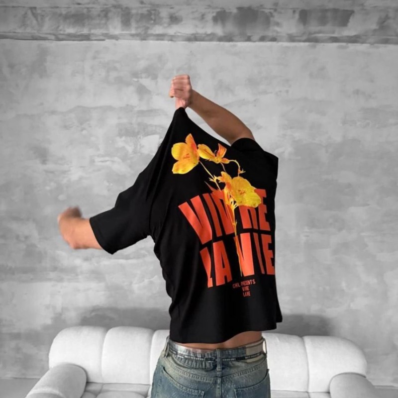 Erkek Ön ve Arka Baskılı T-Shirt Kısa Kol Bisiklet Yaka Regular Fit Tişört - Siyah