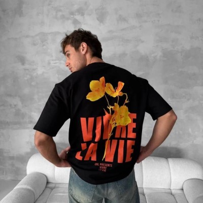 Erkek Ön ve Arka Baskılı T-Shirt Kısa Kol Bisiklet Yaka Regular Fit Tişört - Siyah