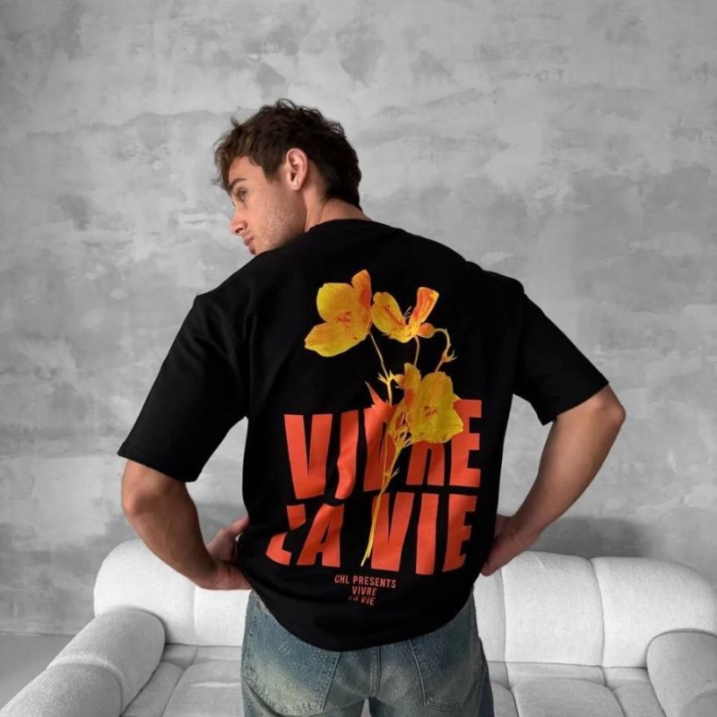 Erkek Ön ve Arka Baskılı T-Shirt Kısa Kol Bisiklet Yaka Regular Fit Tişört - Siyah