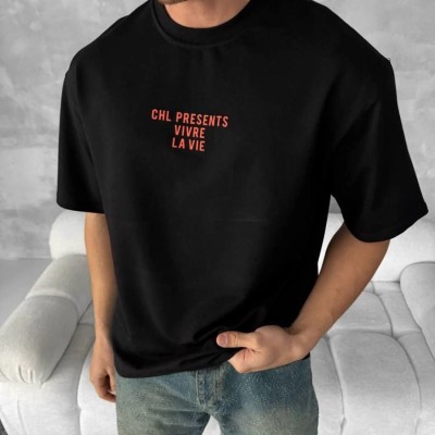 Erkek Ön ve Arka Baskılı T-Shirt Kısa Kol Bisiklet Yaka Regular Fit Tişört - Siyah
