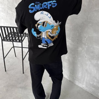 Erkek Ön ve Arka Baskılı T-Shirt Kısa Kol Bisiklet Yaka Regular Fit Tişört - Siyah