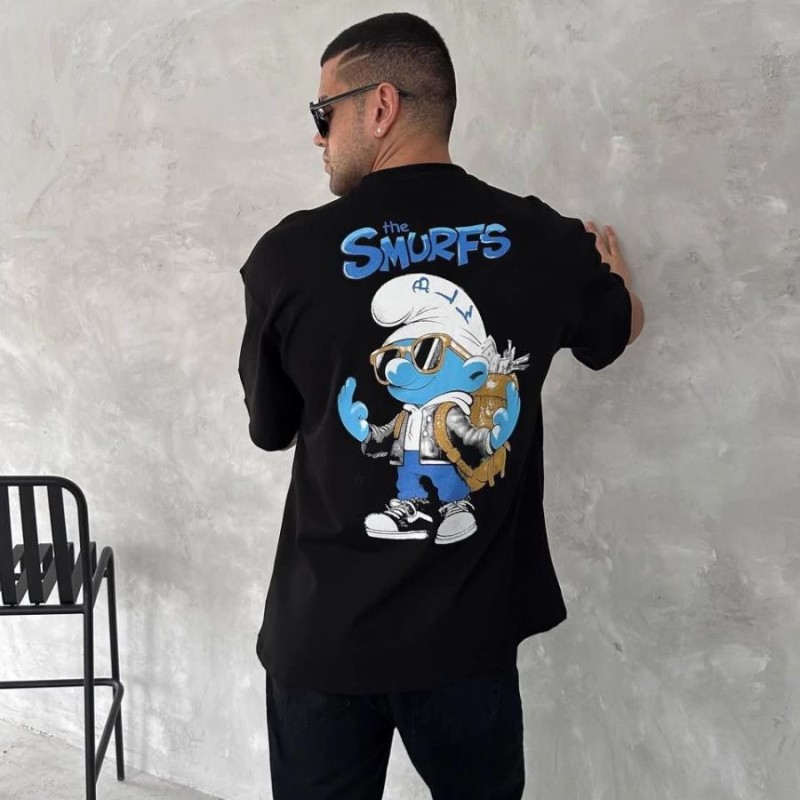 Erkek Ön ve Arka Baskılı T-Shirt Kısa Kol Bisiklet Yaka Regular Fit Tişört - Siyah