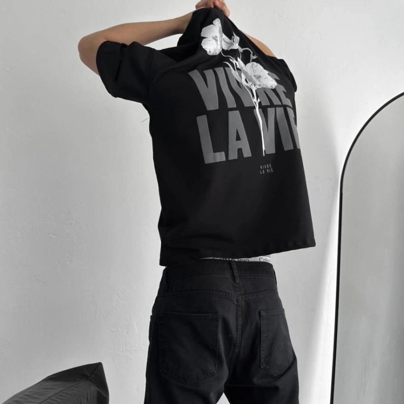 Erkek Ön ve Arka Baskılı T-Shirt Kısa Kol Bisiklet Yaka Regular Fit Tişört -  Siyah