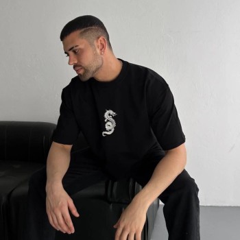 Erkek Ön ve Arka Baskılı T-Shirt Kısa Kol Bisiklet Yaka Regular Fit Tişört - Siyah