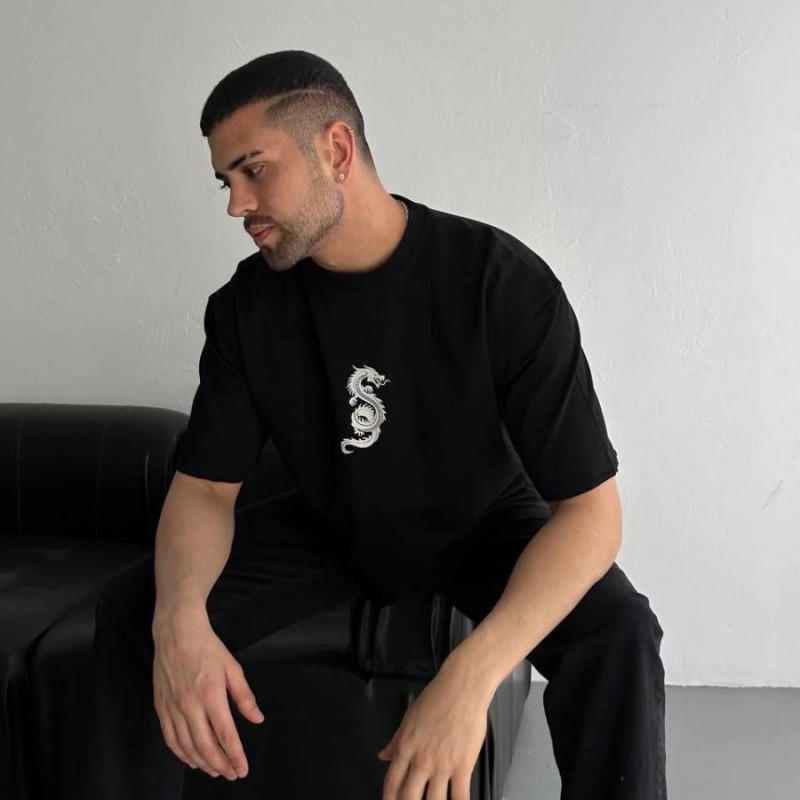 Erkek Ön ve Arka Baskılı T-Shirt Kısa Kol Bisiklet Yaka Regular Fit Tişört - Siyah
