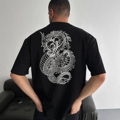 Erkek Ön ve Arka Baskılı T-Shirt Kısa Kol Bisiklet Yaka Regular Fit Tişört - Siyah