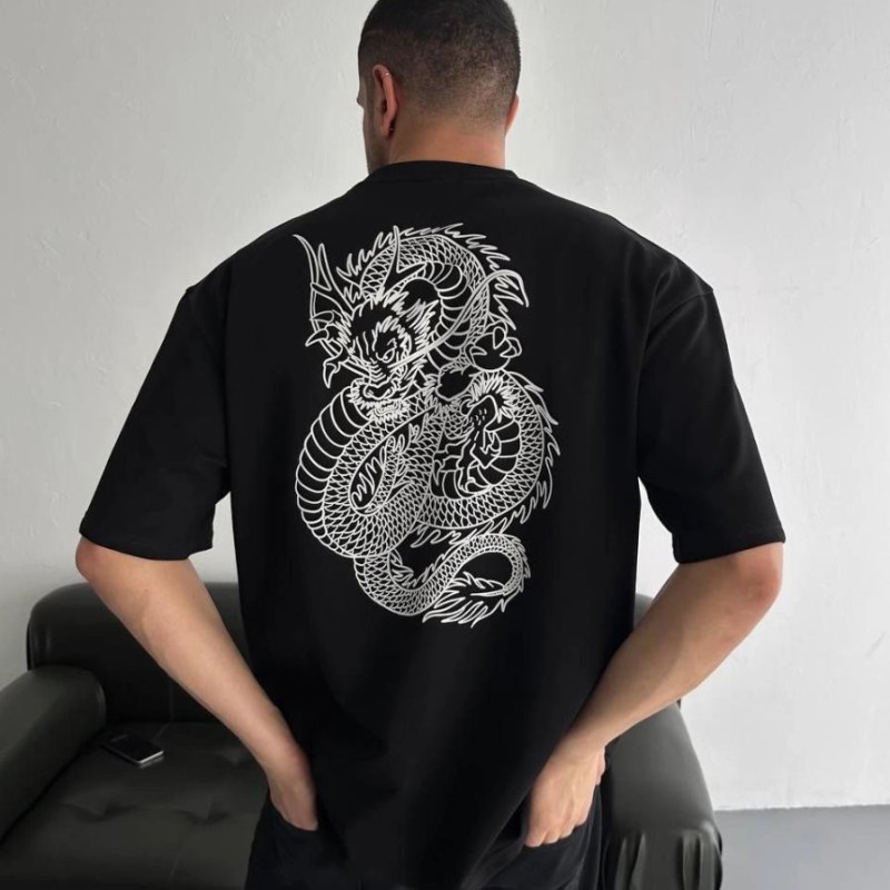 Erkek Ön ve Arka Baskılı T-Shirt Kısa Kol Bisiklet Yaka Regular Fit Tişört - Siyah