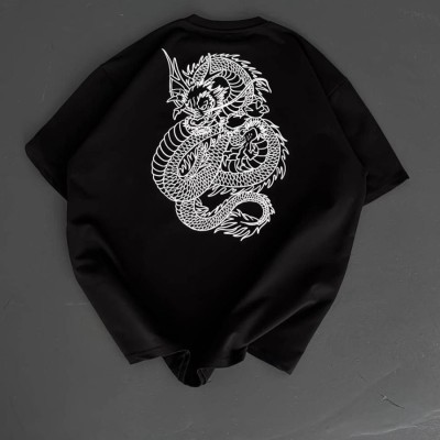 Erkek Ön ve Arka Baskılı T-Shirt Kısa Kol Bisiklet Yaka Regular Fit Tişört - Siyah