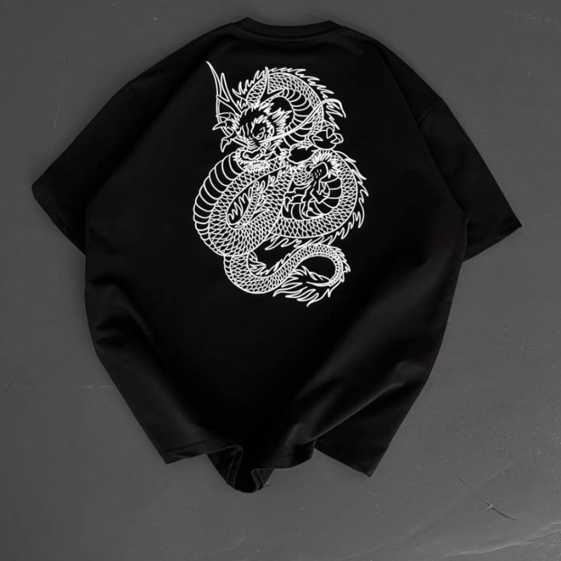 Erkek Ön ve Arka Baskılı T-Shirt Kısa Kol Bisiklet Yaka Regular Fit Tişört - Siyah