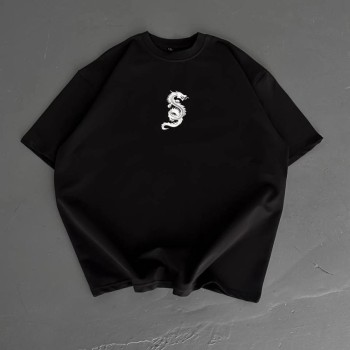 Erkek Ön ve Arka Baskılı T-Shirt Kısa Kol Bisiklet Yaka Regular Fit Tişört - Siyah