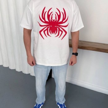 Erkek Örümcek Baskılı Tişört Kısa Kollu Bisiklet Yaka T-Shirt - Beyaz