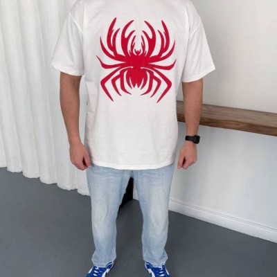 Erkek Örümcek Baskılı Tişört Kısa Kollu Bisiklet Yaka T-Shirt - Beyaz