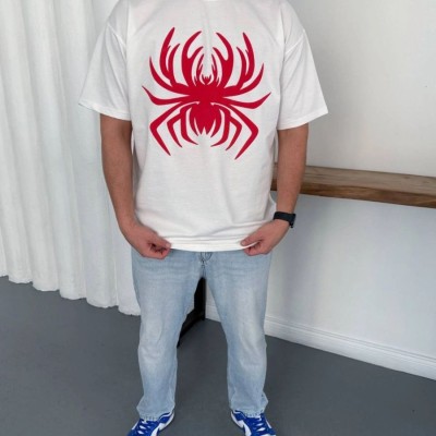 Erkek Örümcek Baskılı Tişört Kısa Kollu Bisiklet Yaka T-Shirt - Beyaz