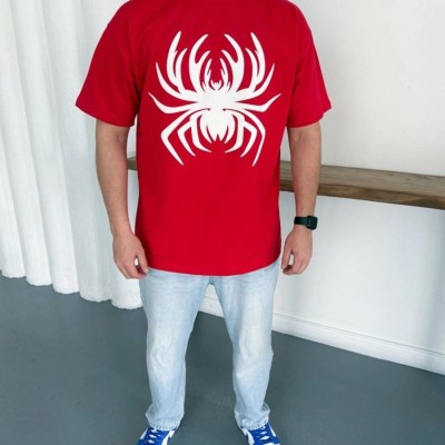 Erkek Örümcek Baskılı Tişört Kısa Kollu Bisiklet Yaka T-Shirt - Kırmızı