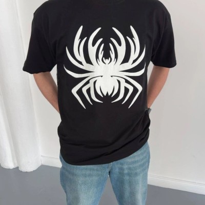 Erkek Örümcek Baskılı Tişört Kısa Kollu Bisiklet Yaka T-Shirt - Siyah