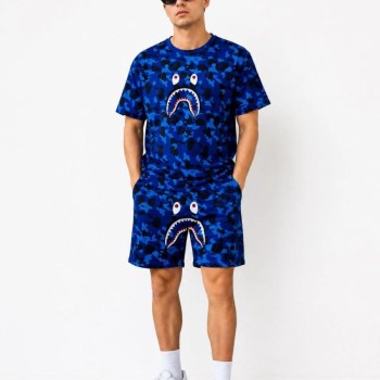 Erkek Oversize Kalıp Pubg Bape X Shark Nakışlı Cepli Şort Takım - Mavi