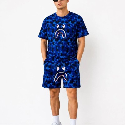 Erkek Oversize Kalıp Pubg Bape X Shark Nakışlı Cepli Şort Takım - Mavi