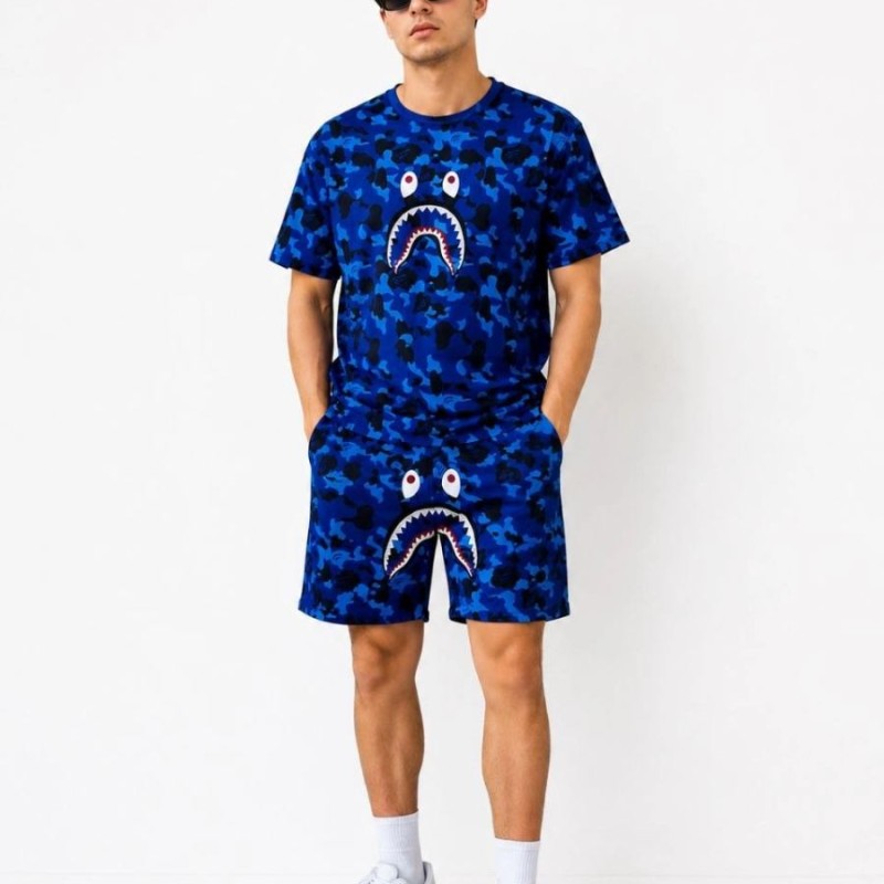 Erkek Oversize Kalıp Pubg Bape X Shark Nakışlı Cepli Şort Takım - Mavi
