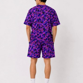 Erkek Oversize Kalıp Pubg Bape X Shark Nakışlı Cepli Şort Takım - Mor