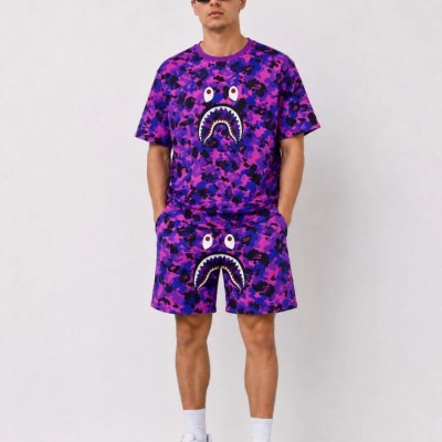 Erkek Oversize Kalıp Pubg Bape X Shark Nakışlı Cepli Şort Takım - Mor