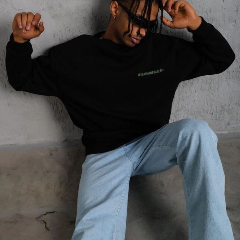Erkek Oversize Sweatshirt Ön ve Sırt Baskılı 3 İplik Pamuklu - Siyah