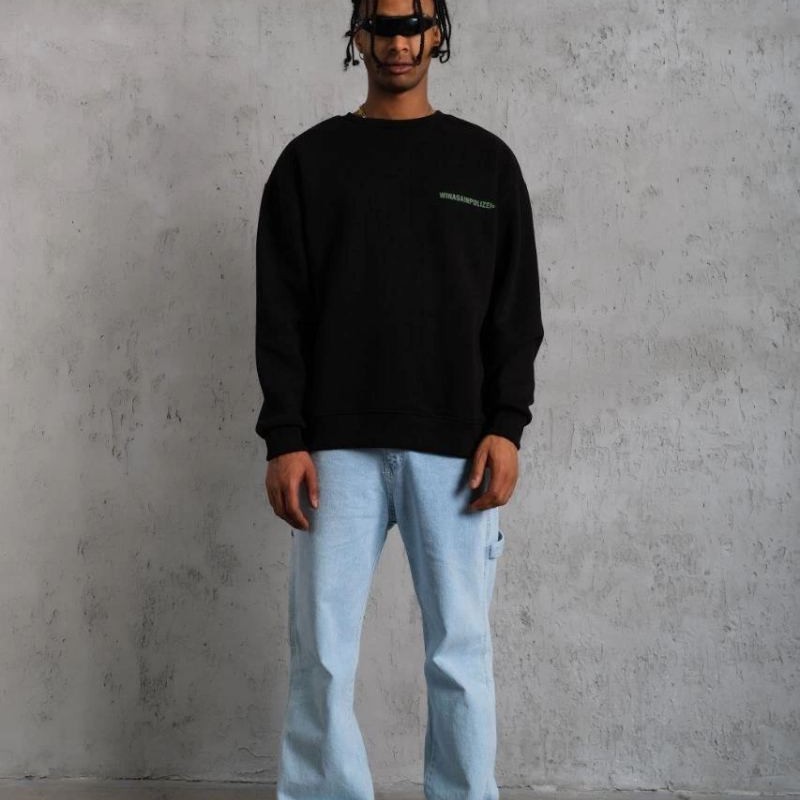 Erkek Oversize Sweatshirt Ön ve Sırt Baskılı 3 İplik Pamuklu - Siyah