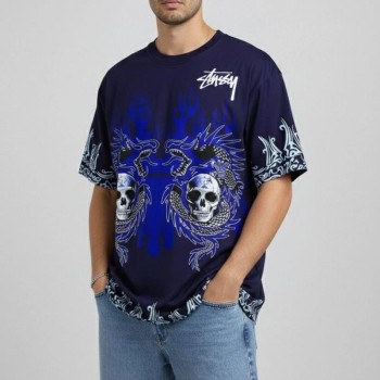 Erkek Oversize Tişört Dragon Kuru Kafa Baskılı Bisiklet Yaka T-Shirt - Lacivert