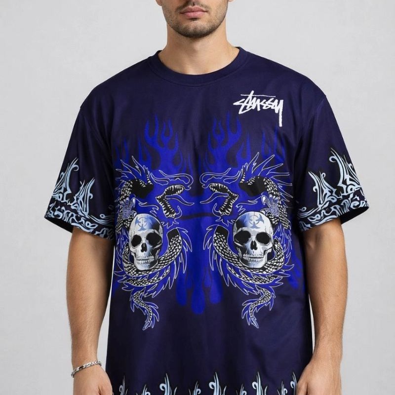 Erkek Oversize Tişört Dragon Kuru Kafa Baskılı Bisiklet Yaka T-Shirt - Lacivert
