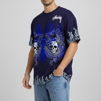 Erkek Oversize Tişört Dragon Kuru Kafa Baskılı Bisiklet Yaka T-Shirt - Lacivert