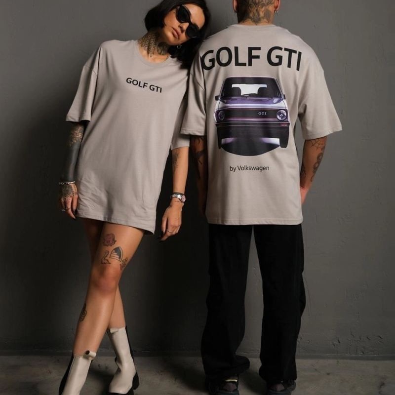 Erkek Oversize Tişört Golf GTI Retro Araba Baskılı T-shirt - Gri