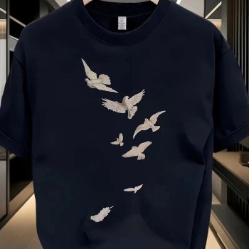 Erkek Özgür Kuşlar Baskılı Tişört Yazlık Bisiklet Yaka Kısa Kol T-Shirt - Beyaz