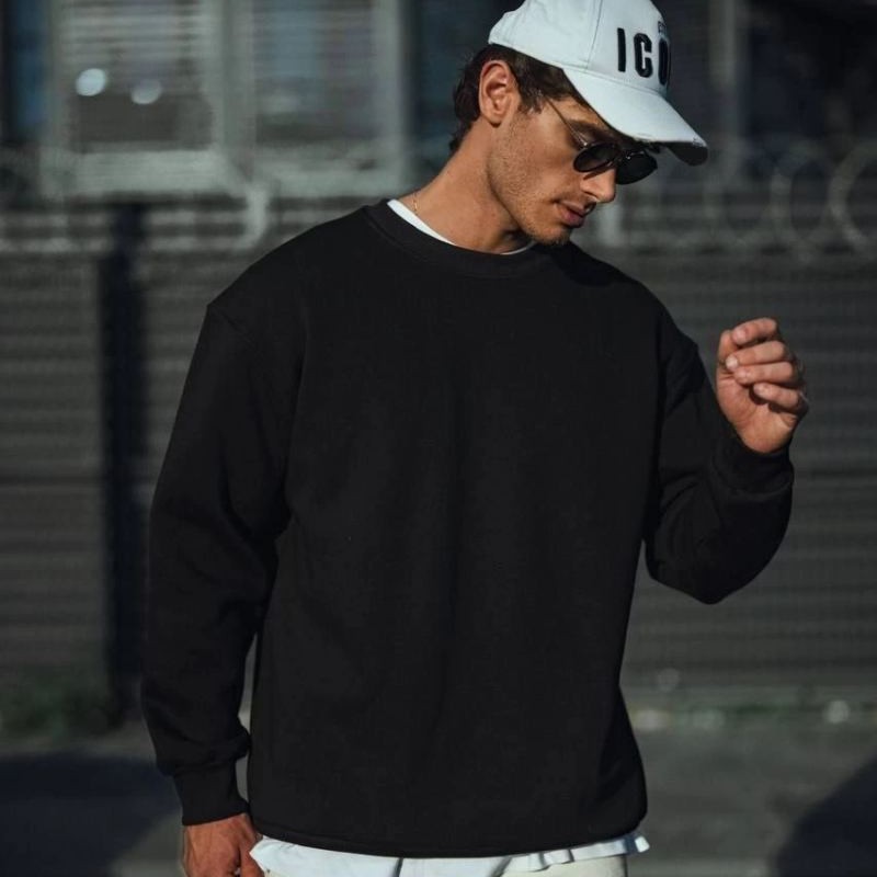 Erkek pamuklu Bisiklet Yaka 3 İplik Basic SweatShirt - Siyah
