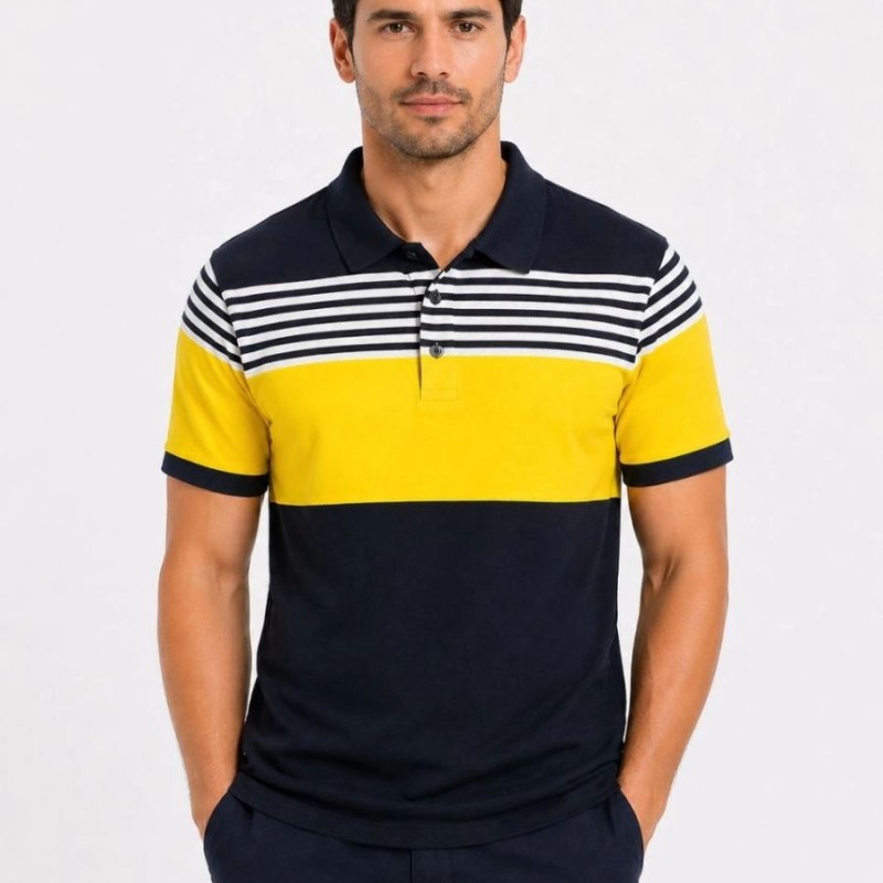 Erkek Pike Kumaş Çizgili Polo Yaka Tişört Kısa Kol Yazlık T-Shirt - Lacivert