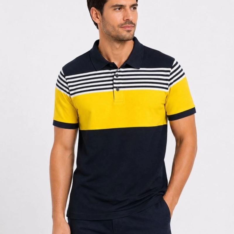 Erkek Pike Kumaş Çizgili Polo Yaka Tişört Kısa Kol Yazlık T-Shirt - Lacivert