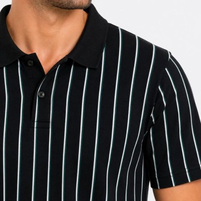 Erkek Pike Kumaş Çizgili Polo Yaka Tişört Kısa Kol Yazlık T-Shirt - Siyah