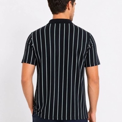 Erkek Pike Kumaş Çizgili Polo Yaka Tişört Kısa Kol Yazlık T-Shirt - Siyah