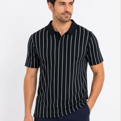 Erkek Pike Kumaş Çizgili Polo Yaka Tişört Kısa Kol Yazlık T-Shirt - Siyah