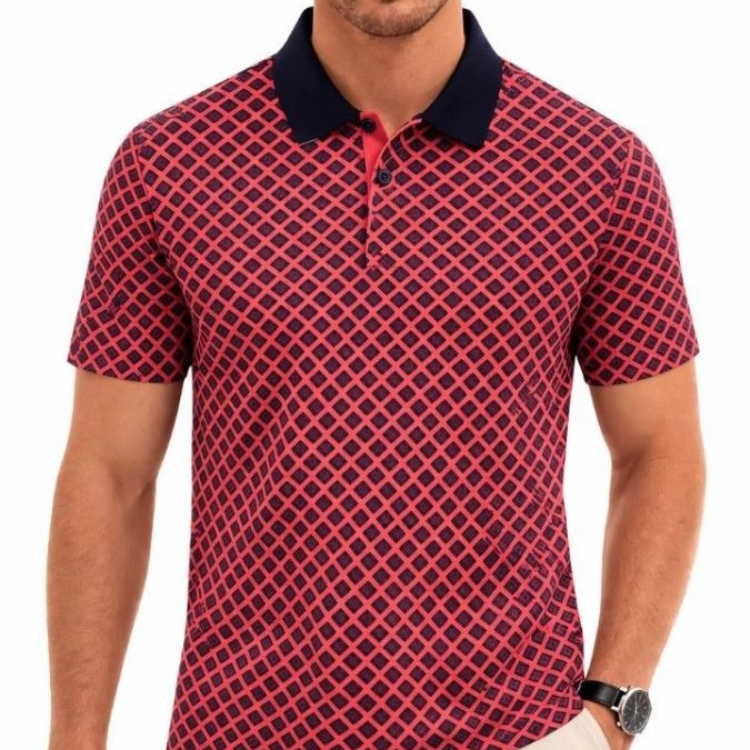 Erkek Pike Kumaş Polo Yaka Desenli Tişört Kısa Kol Yazlık T-Shirt - Kırmızı