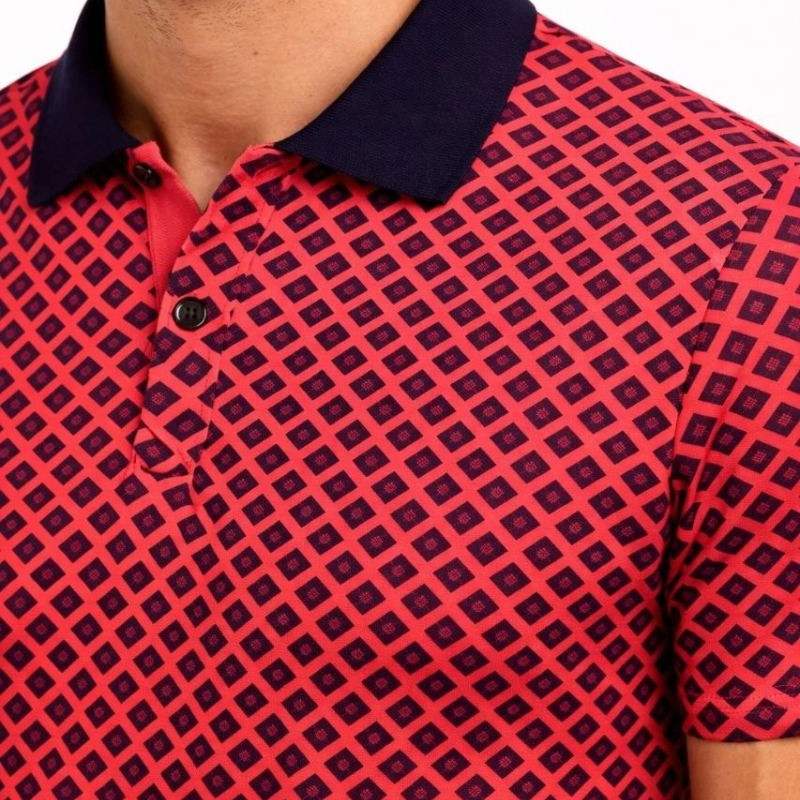 Erkek Pike Kumaş Polo Yaka Desenli Tişört Kısa Kol Yazlık T-Shirt - Kırmızı