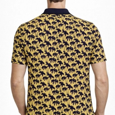 Erkek Pike Kumaş Polo Yaka Palmiye Desenli Tişört Kısa Kol Yazlık T-Shirt - Sarı