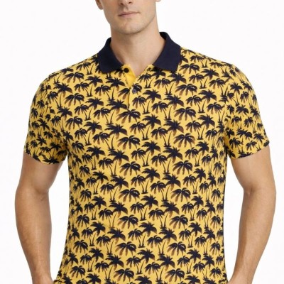Erkek Pike Kumaş Polo Yaka Palmiye Desenli Tişört Kısa Kol Yazlık T-Shirt - Sarı