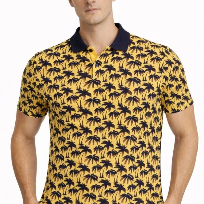 Erkek Pike Kumaş Polo Yaka Palmiye Desenli Tişört Kısa Kol Yazlık T-Shirt - Sarı