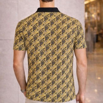 Erkek Pike Kumaş Polo Yaka Palmiye Desenli Tişört Kısa Kol Yazlık T-Shirt - Sarı